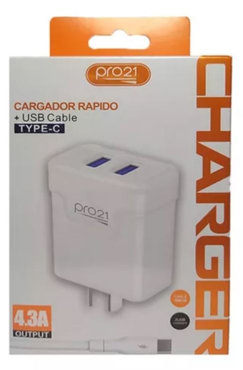 [6124014] CARGADOR PRO21 2 PUERTOS + CABLE USB  TIPO C 4.3A 18W
